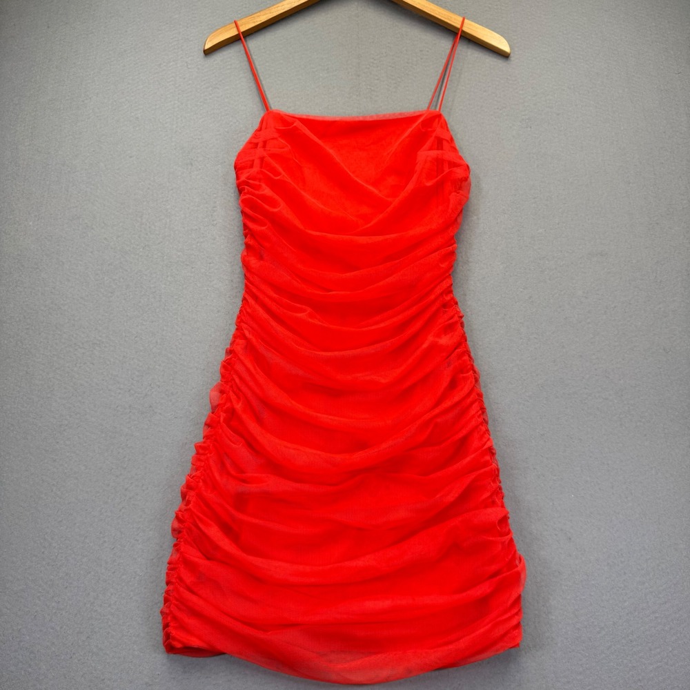 Alice + Olivia Red Ruched‎ Mesh Mini Dress Spaghetti Strap Size 6 Bodycon Zipper